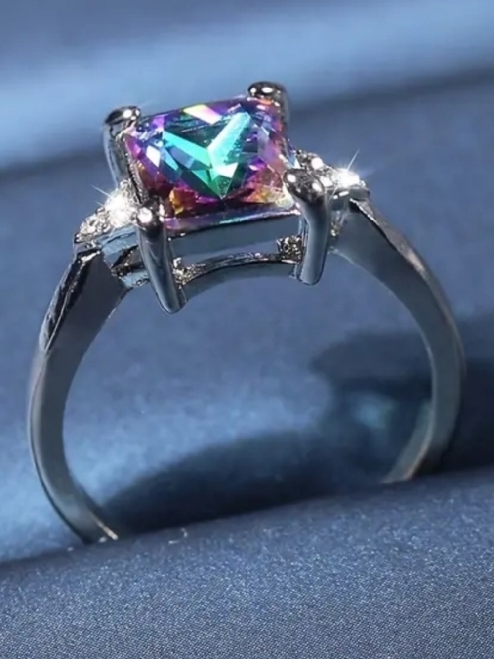 Boutique 925 Silver Purple Iridescent Rectangular Stone Ring - Size 6.5